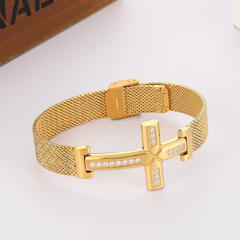 Planderful Men Titanium Steel Bracelet Zircon Cross Hip Hop