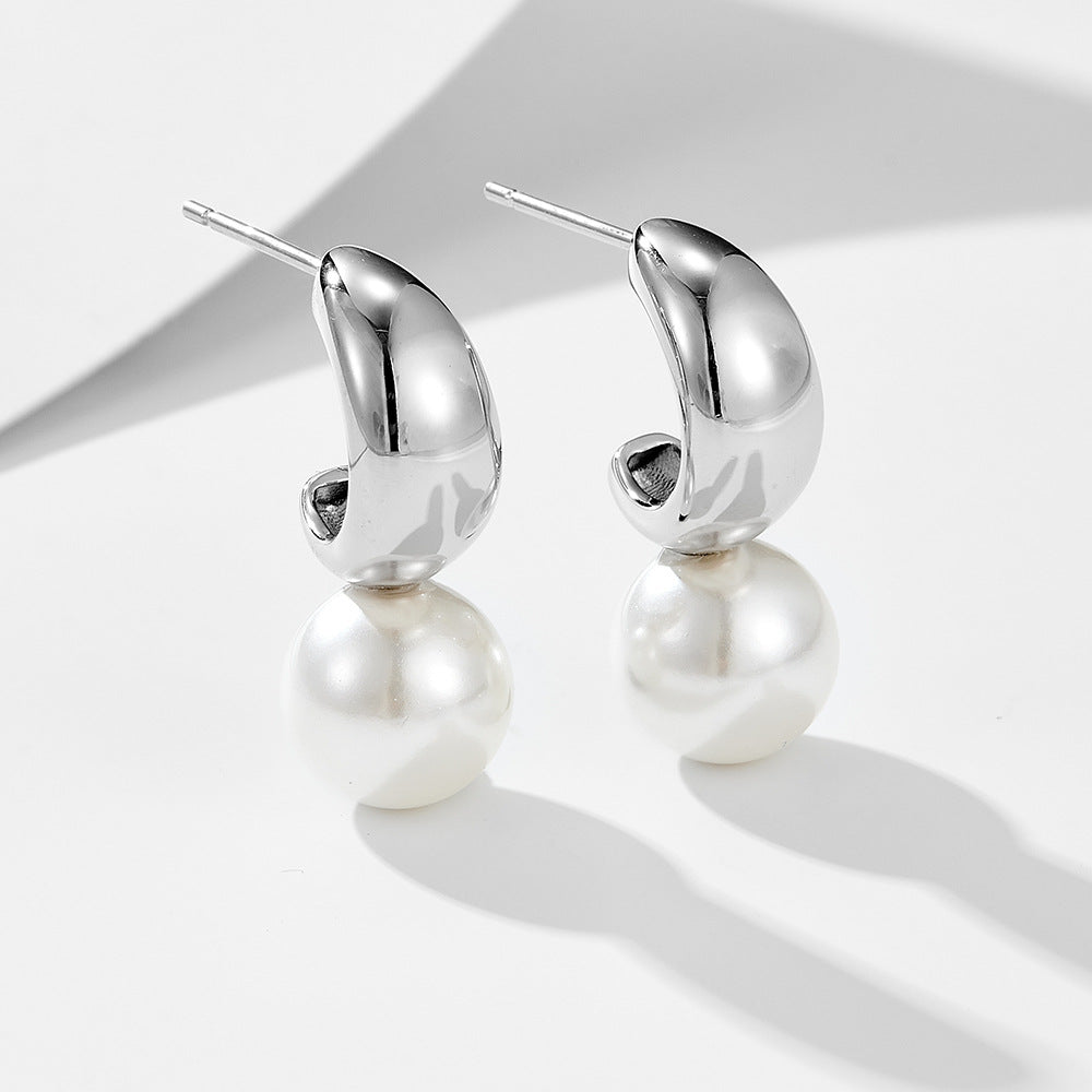 C Shaped Round Pearl Sterling Silver Drop Earrings