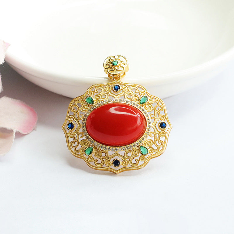 Egg-Shaped Sterling Silver Necklace with South Red Agate Pendant and Zircon Hollow Detail