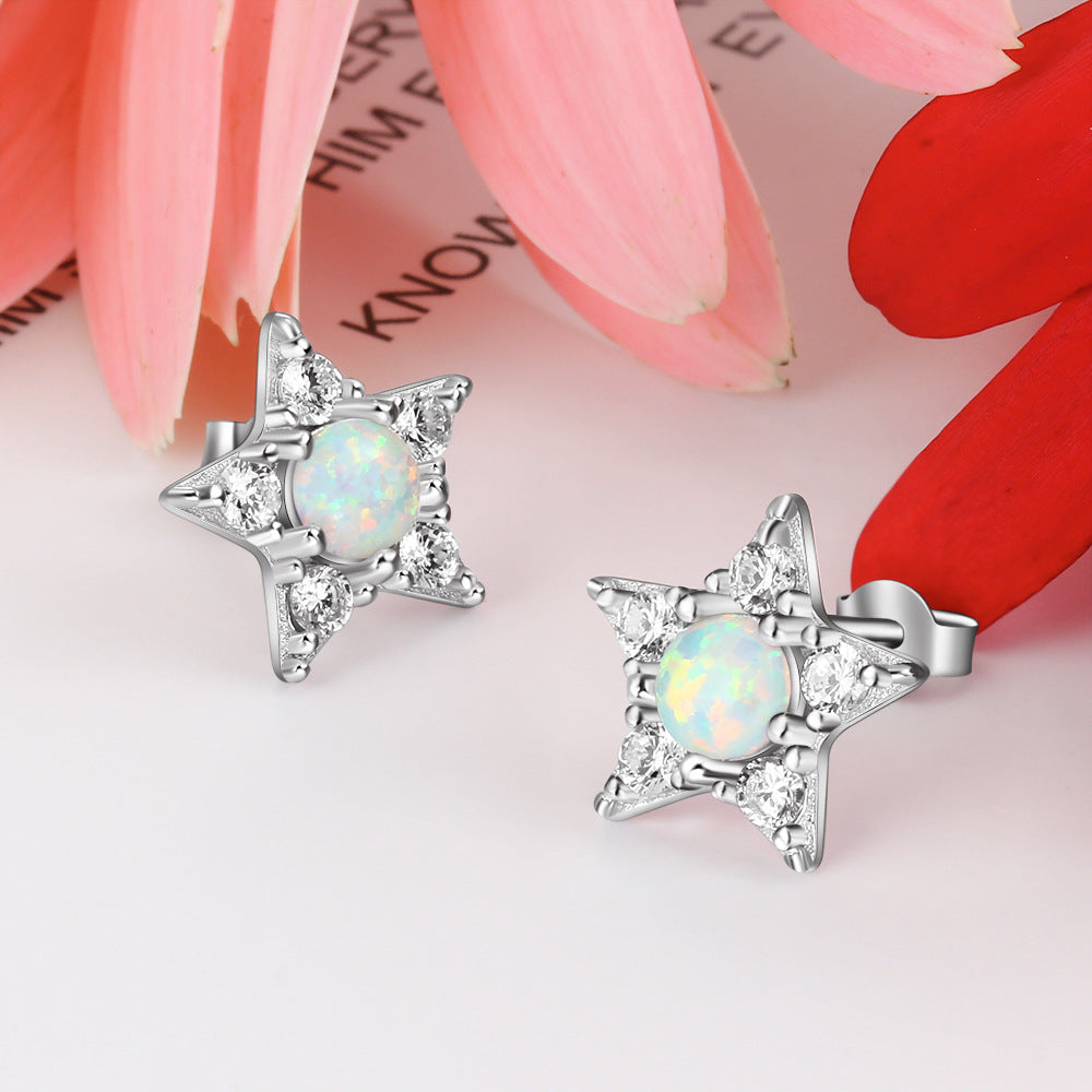 Planderful Jewelry Sterling Silver Opal Zircon Star Stud Earrings for Everyday Elegant Gift