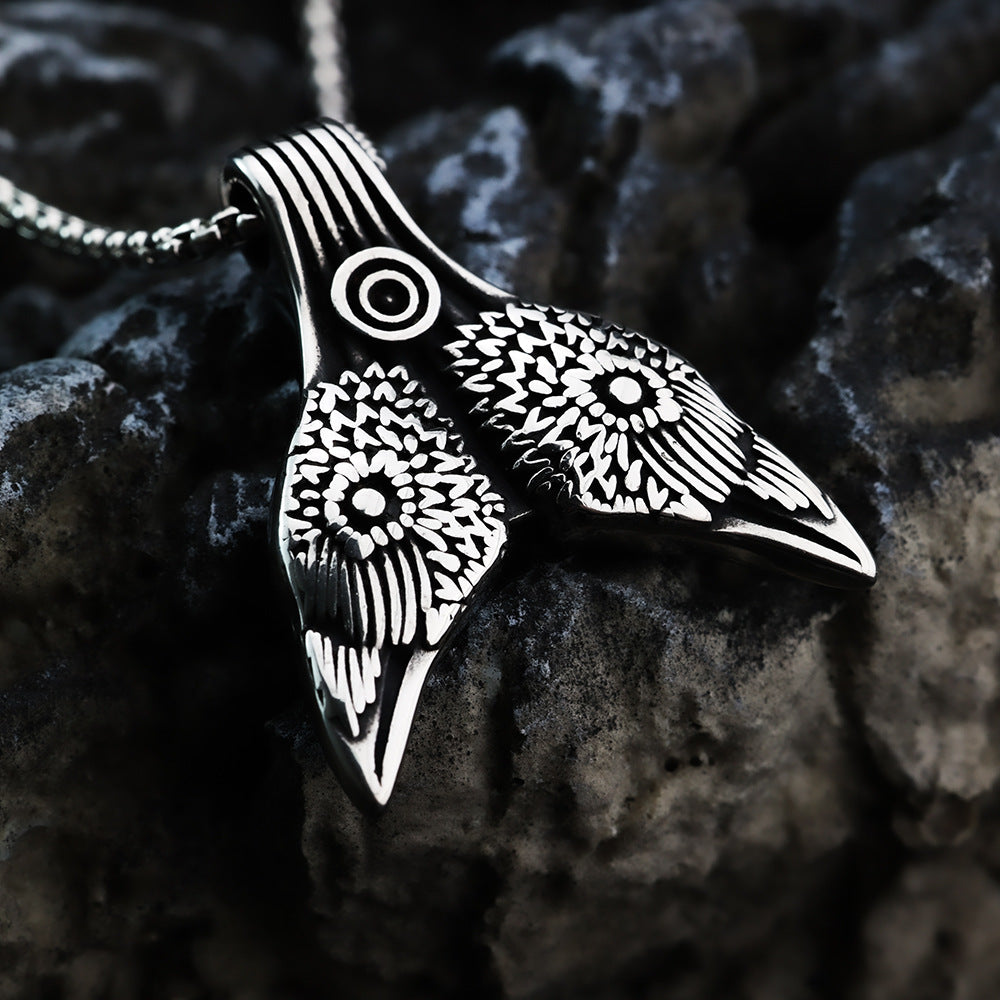 Nordic Retro Stainless Steel Double-Sided Viking Crow Pendant