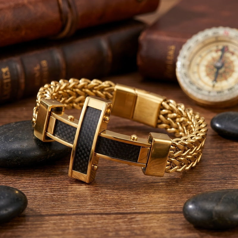 Hip Hop Carbon Fiber Cross Double Layer Front & Back Chains Magnetic Buckle Stainless Bracelet