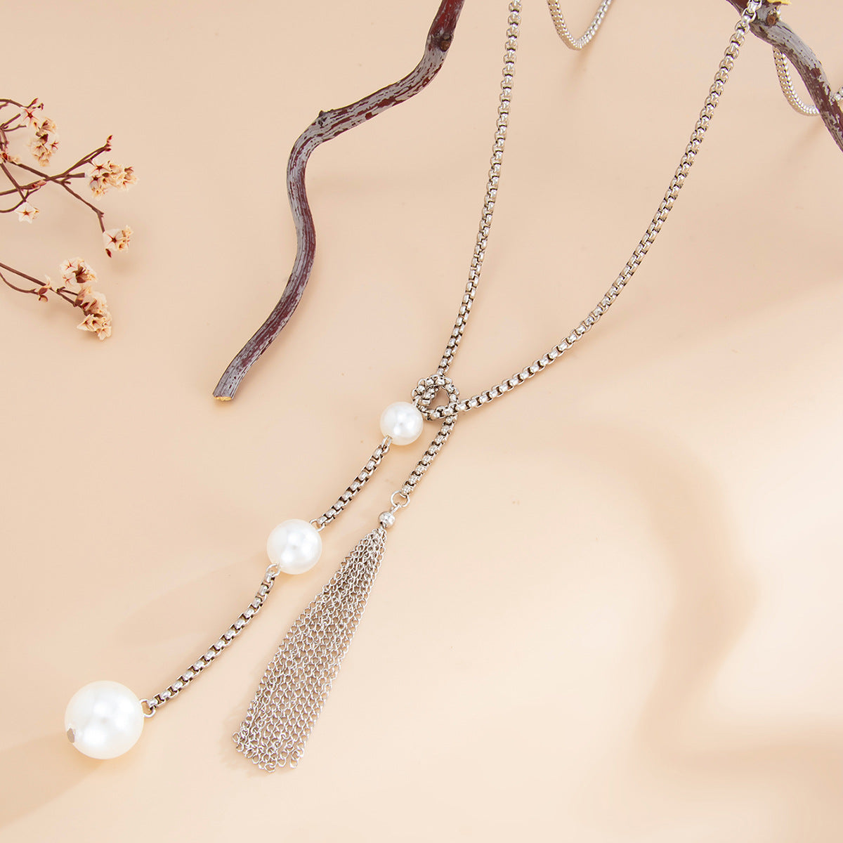 Long Y-Shaped Knotted Pearl Necklace Chain Back Chain Multi-Purpose Round Bead