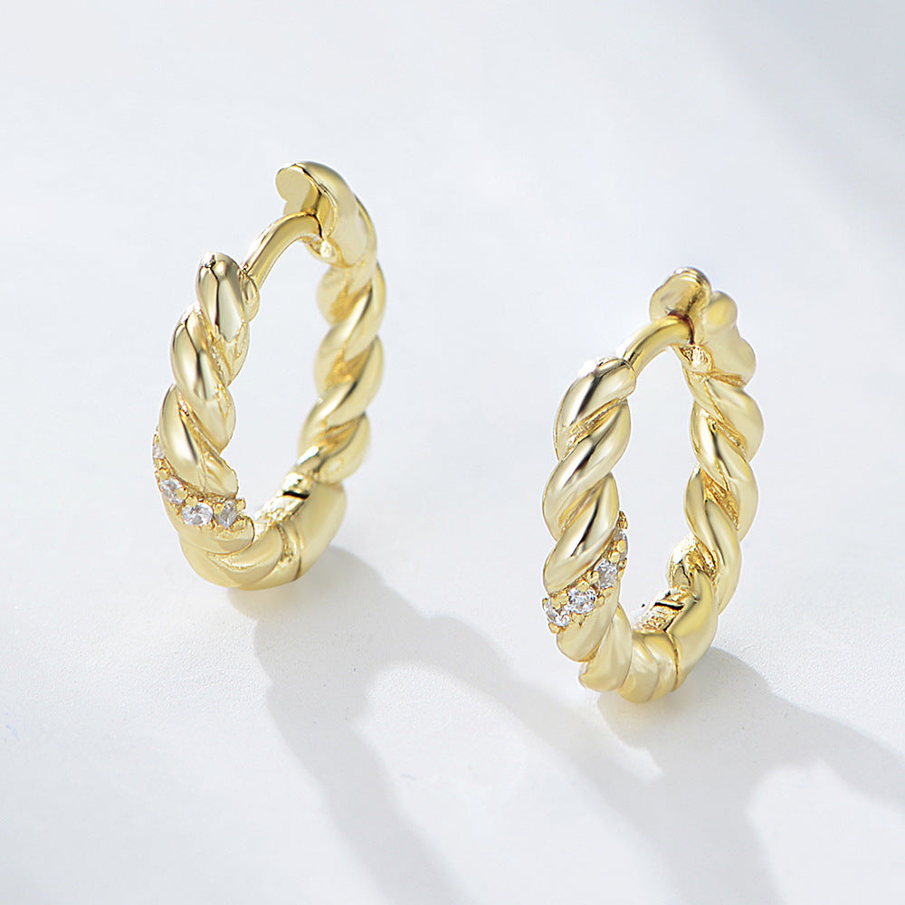 S925 Sterling Silver Earrings, Minimalist Twist Inlaid Zircon Ear Buckle Earrings, Gold-Plated Tremella
