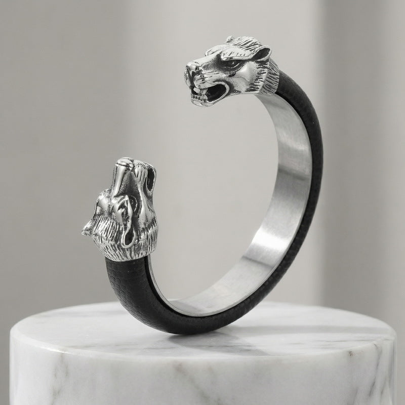 Men's Stainless Steel – Punk Style & Bold Wolf Head Titanium Steel Open-Leather Bracelet