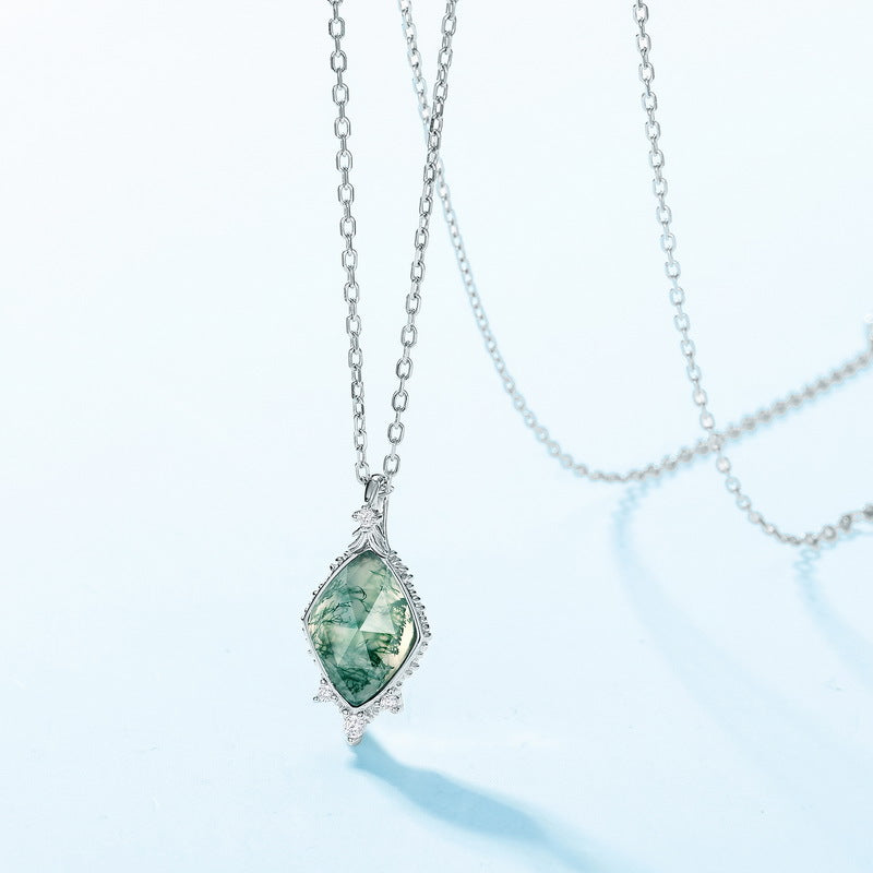 S925 Sterling Silver Moss Agate Geometric Pendant Necklace