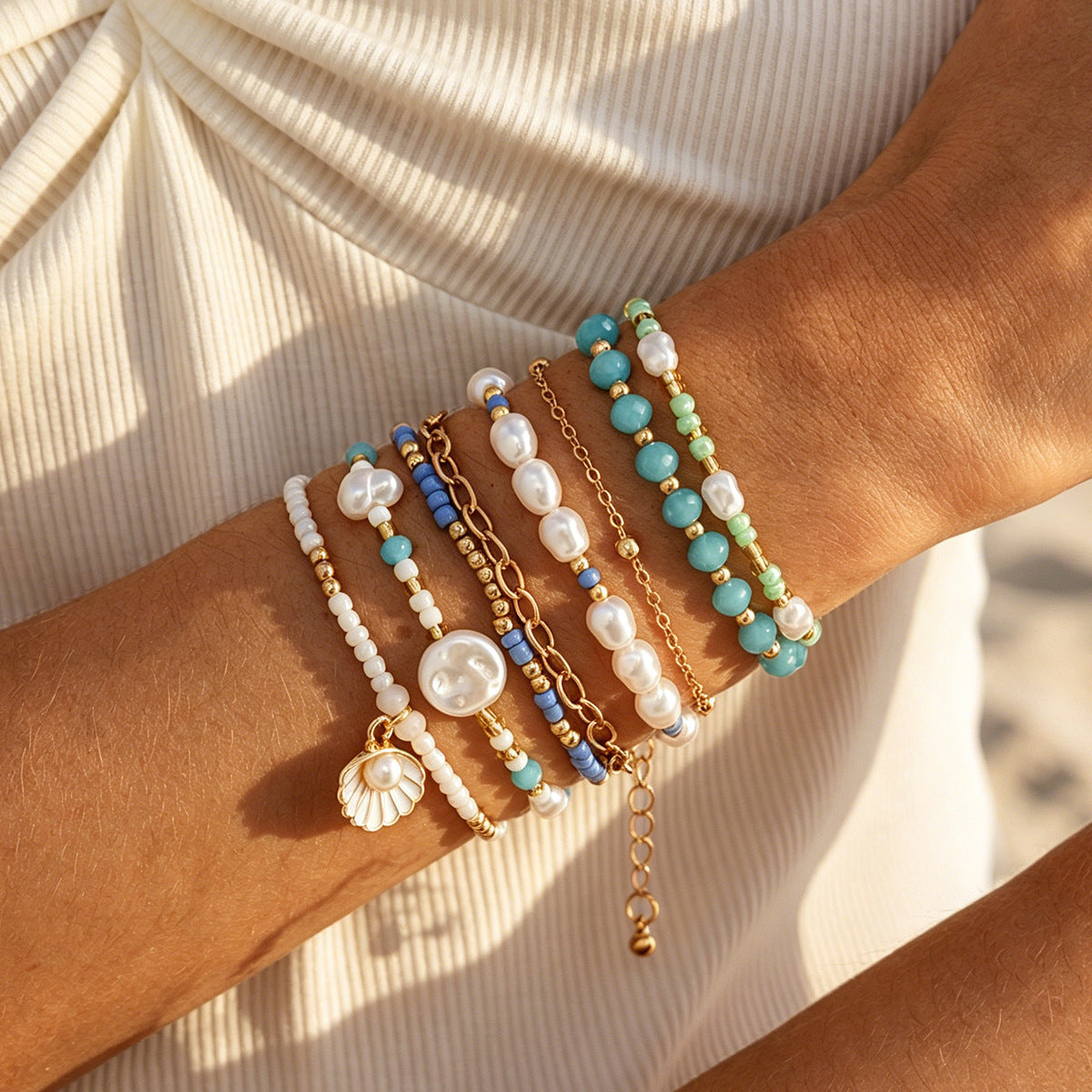 Imitation Pearl Beaded Bracelet Multi Layer Scallop Design Holiday Style By Planderful Vienna Verve For Women