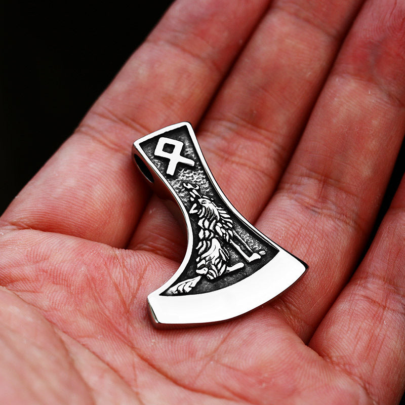 Titanium Steel Odin Pendant with Viking Axe and Wolf Motif - Retro European American Style Accessories for Men
