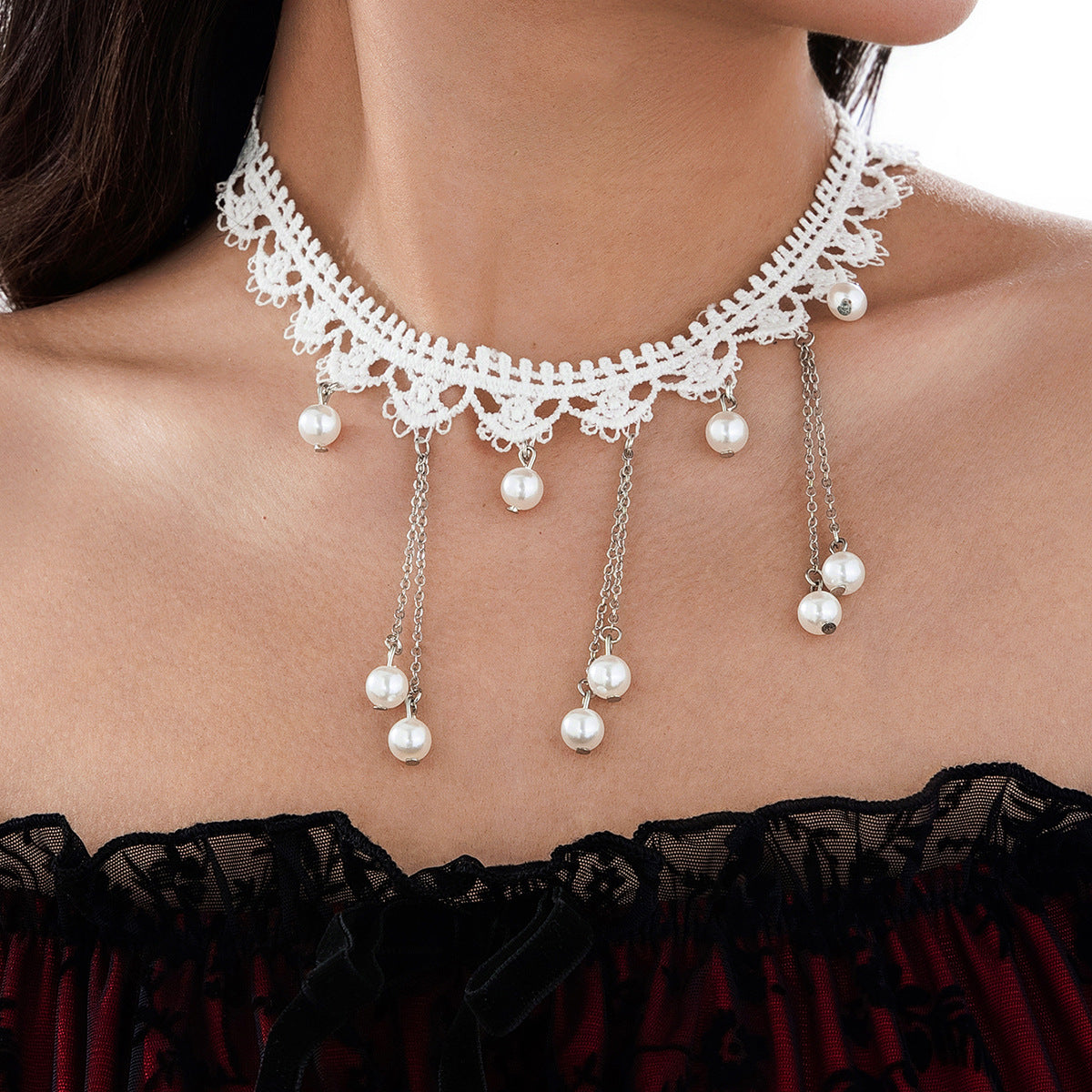 Lace & Pearl-Style Choker Set