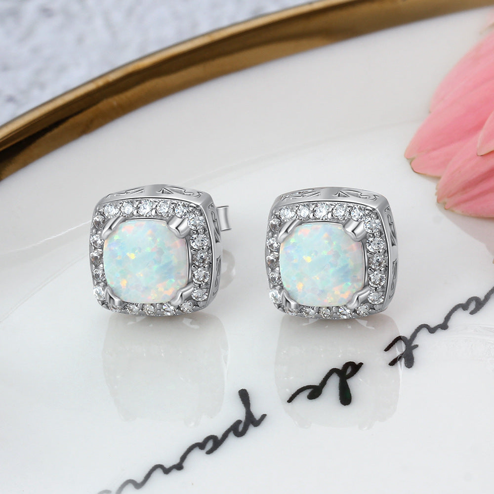 Planderful Jewelry Sterling Silver Opal Stud Earrings With Zircon Halo In Elegant Round Design