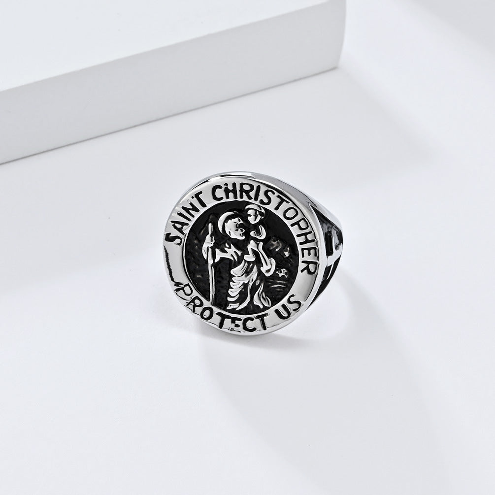Planderful St Christopher Titanium Steel Ring For Men Retro Punk Street Style Premium Hand Jewelry Everyday Genie