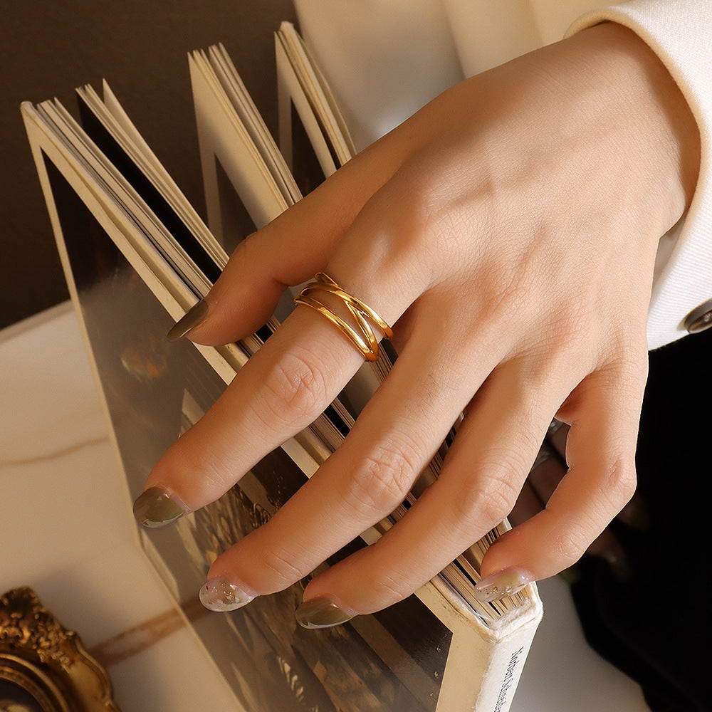 Romantic European and American Cross C-shaped Open Ring Set with Wind-Resistant Stacked Rings - Couple's Eternal Love Ring