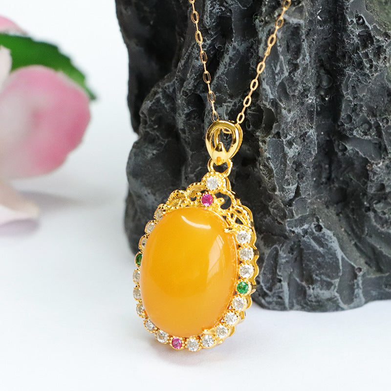 Colorful Zircon Halo Amber Pendant with Sterling Silver Necklace