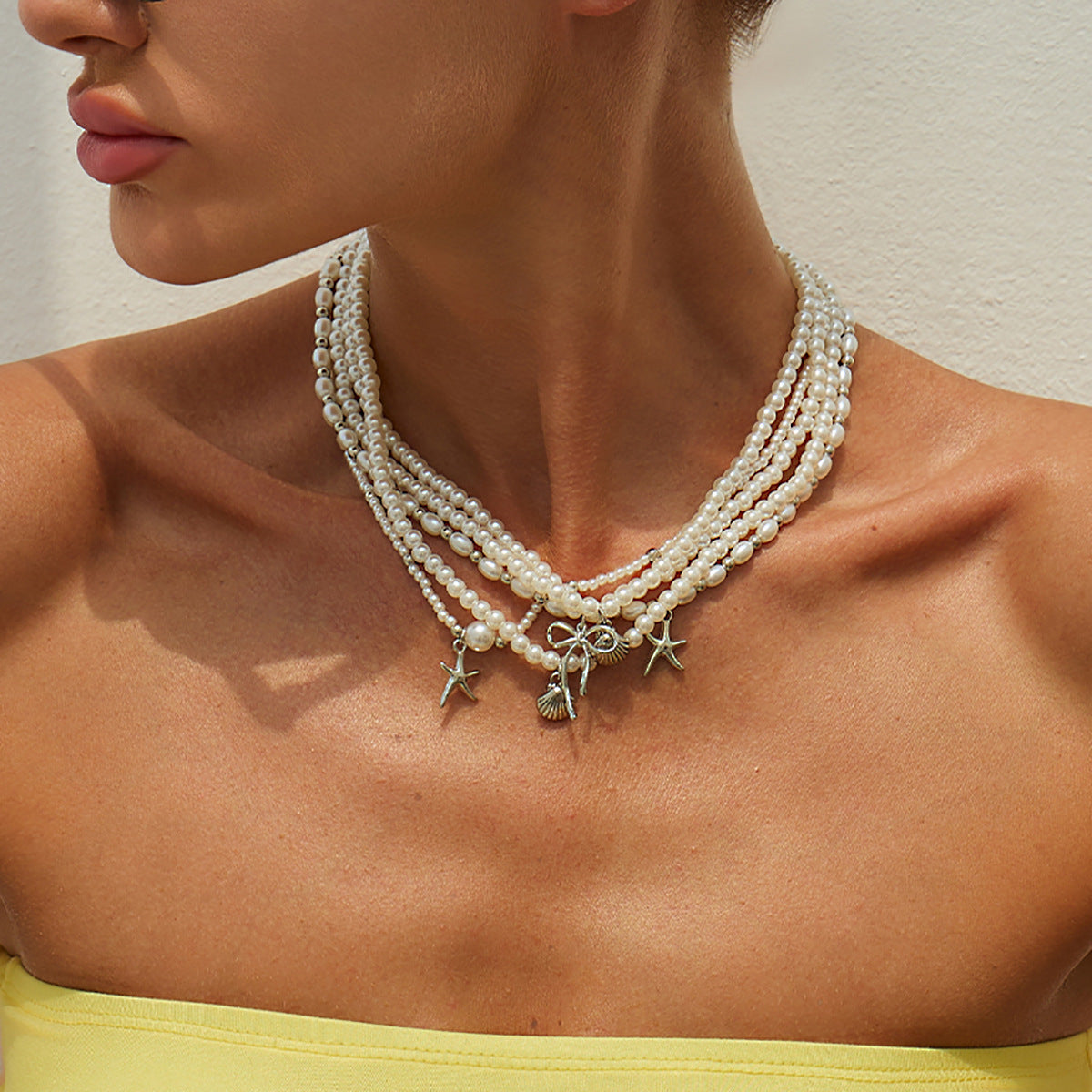 Pearl-Style Starfish & Bow Layered Necklace