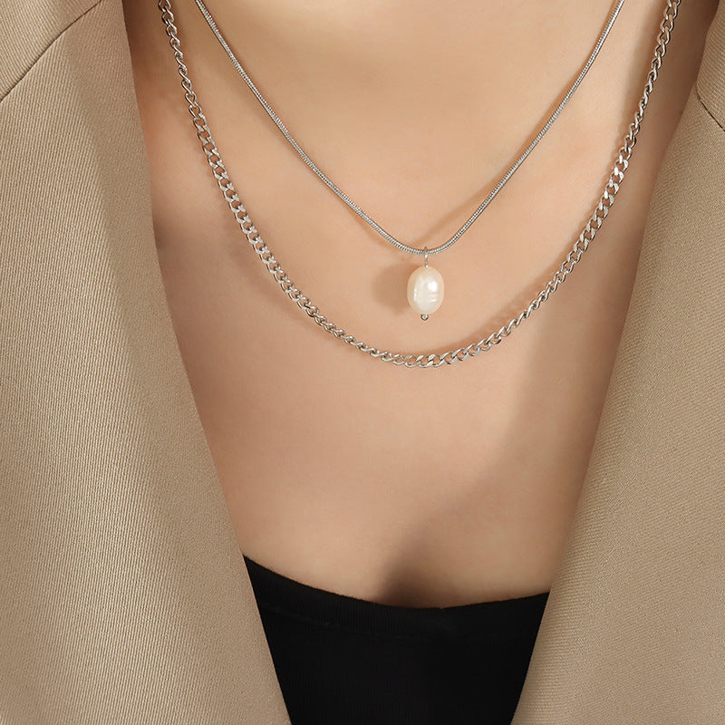 Layered Freshwater Pearl Sweater Chain Necklace with Irregular Pendant