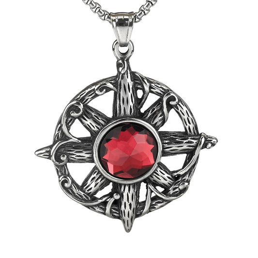 Retro Stainless Steel Men's Pendant Cross with Red Stone