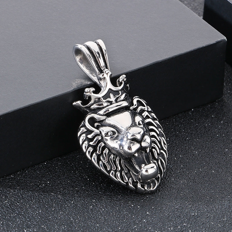 Planderful Lion Head Zircon Pendant Steel Mens Necklace
