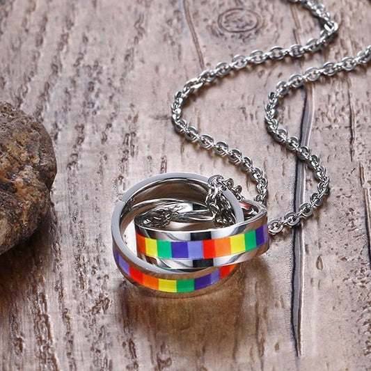 Rainbow Necklace Stainless Steel Pendant Double Ring Wholesale