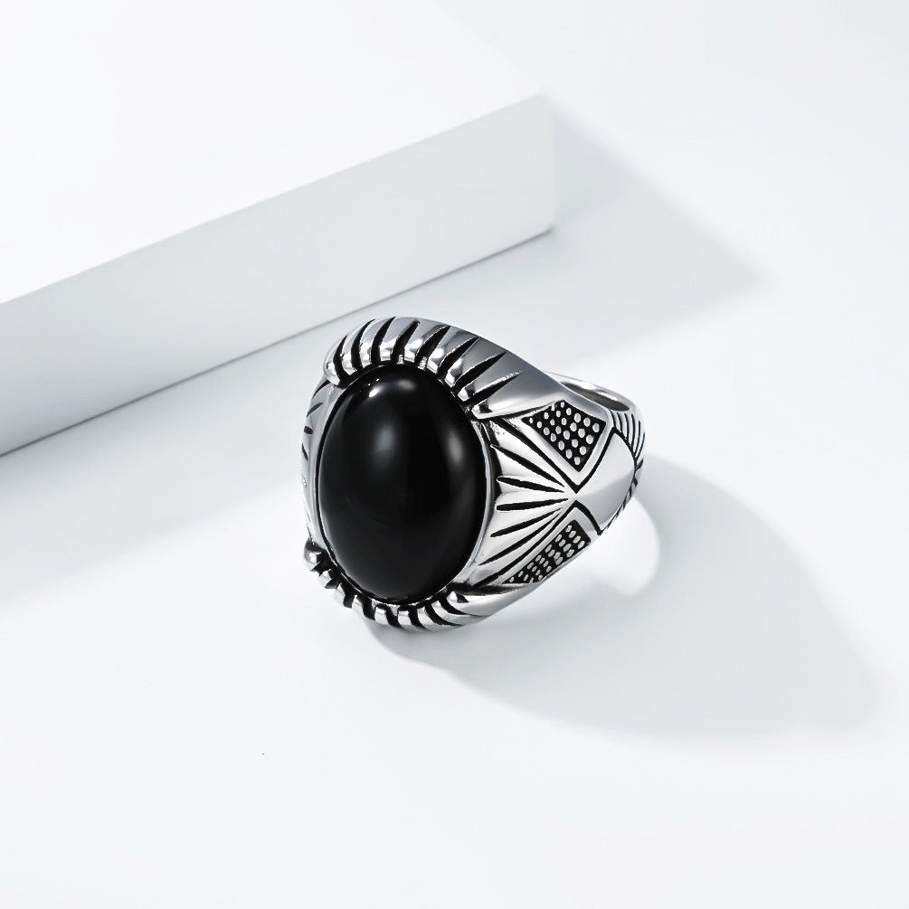 Planderful Everyday Genie Retro Oval Black Stone Ring For Men And Unisex Durable Titanium Steel
