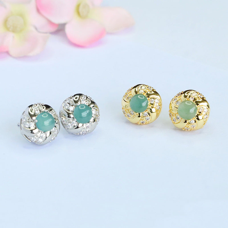 Blue-Water Jadeite Bead Halo Stud Earrings