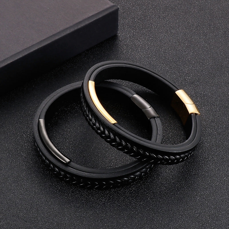 Planderful Everyday Genie Mens Leather Steel Curved Bracelet