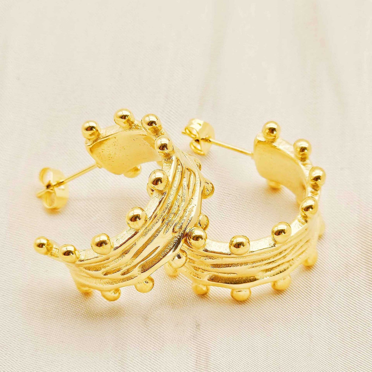 Planderful Gold Plated Stainless Steel Wood Grain C Shaped Pleated Earrings Statement For Women