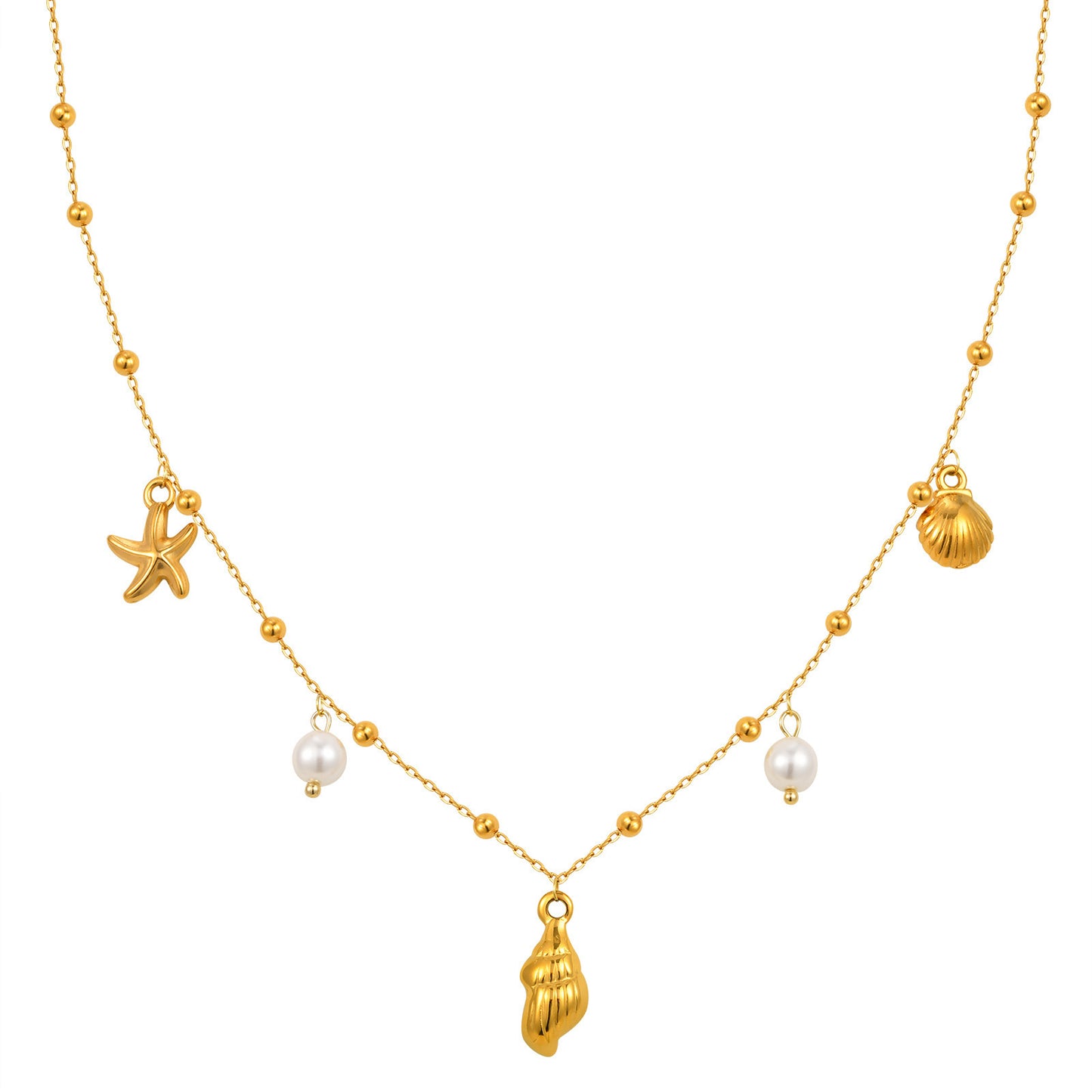 Summer Leisure Seaside Ocean Wind Stainless Steel Imitation Glass Pearl Conch Lady Necklace