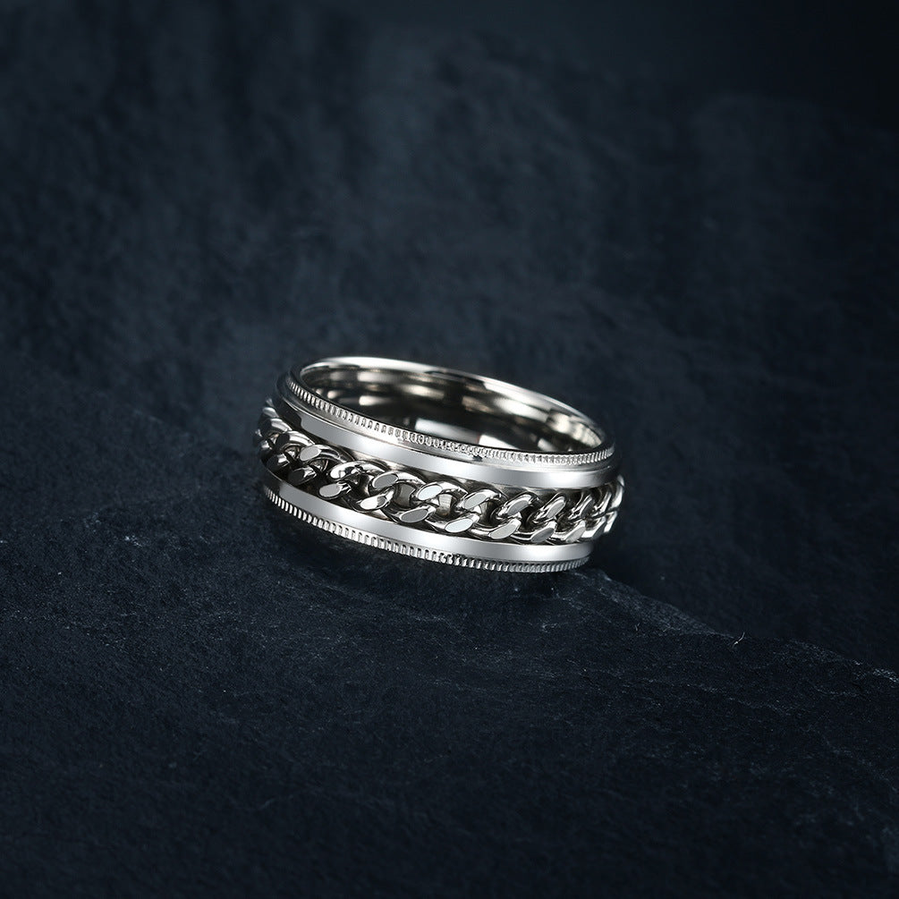 Planderful Titanium Steel Chain Ring Rotatable Design For Men Hip Hop Street Fashion Jewelry