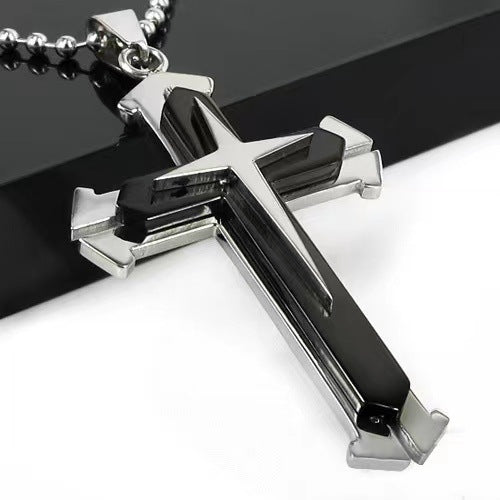 Planderful Titanium Steel Three Layer Slit Cross Pendant For Punk Style Lovers And Bold Everyday Wear