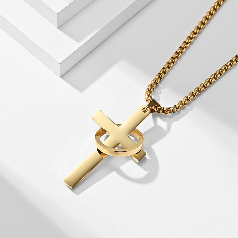 Planderful Titanium Steel Cross Necklace For Men Trendy Hip Hop Pendant With Glossy Ring Personalized Jewelry