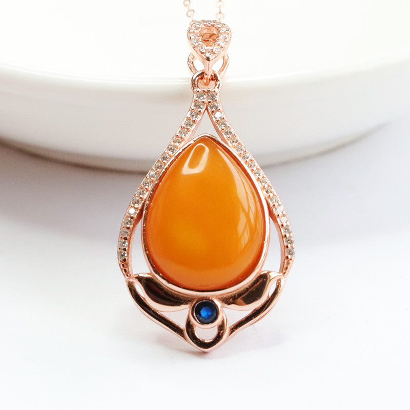 Sterling Silver Necklace with Beeswax Amber Pendant and Zircon Detail