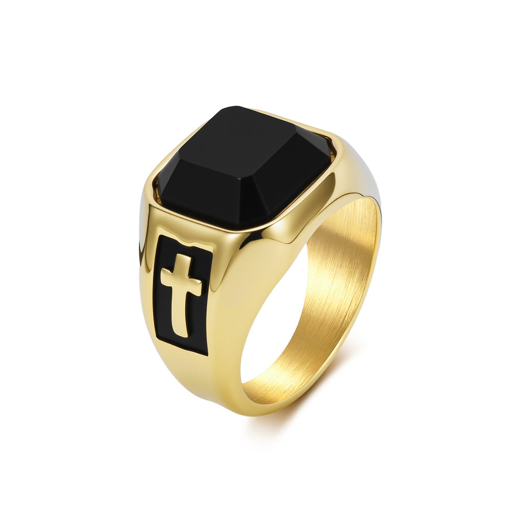 Cross Black Gemstone Vintage Stainless Steel Ring for Men