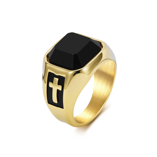 Cross Black Gemstone Vintage Stainless Steel Ring for Men