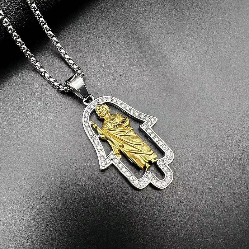 Planderful Hip Hop Pendant Necklace Stainless Steel Gold Plated Zircon Fatima Hand St Jude Urban Jewelry Lovers Must Have