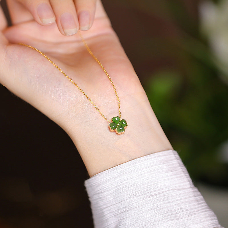 925 Sterling Silver Hetian Jade Cat Paw & Butterfly Necklace