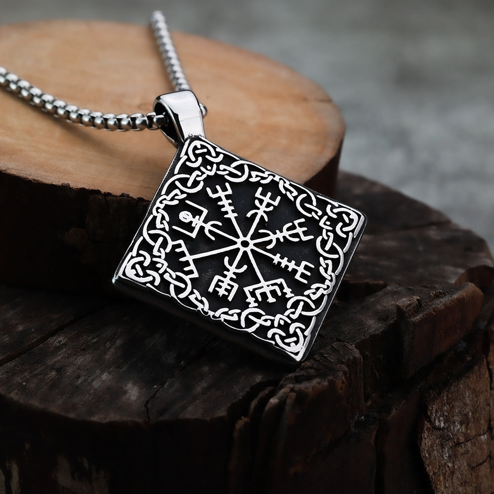Viking Compass Rune Square Titanium Steel Pendant Necklace