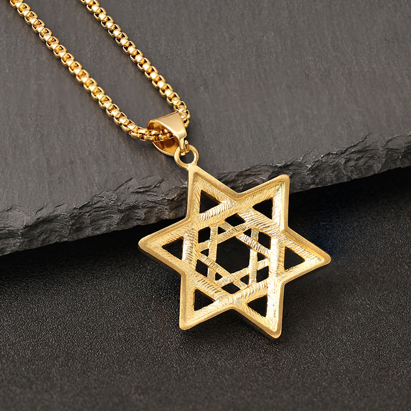Planderful Everyday Genie Hip Hop Pendant Titanium Steel Gold Plated Zircon Star Of David Hexagram Necklace For Men