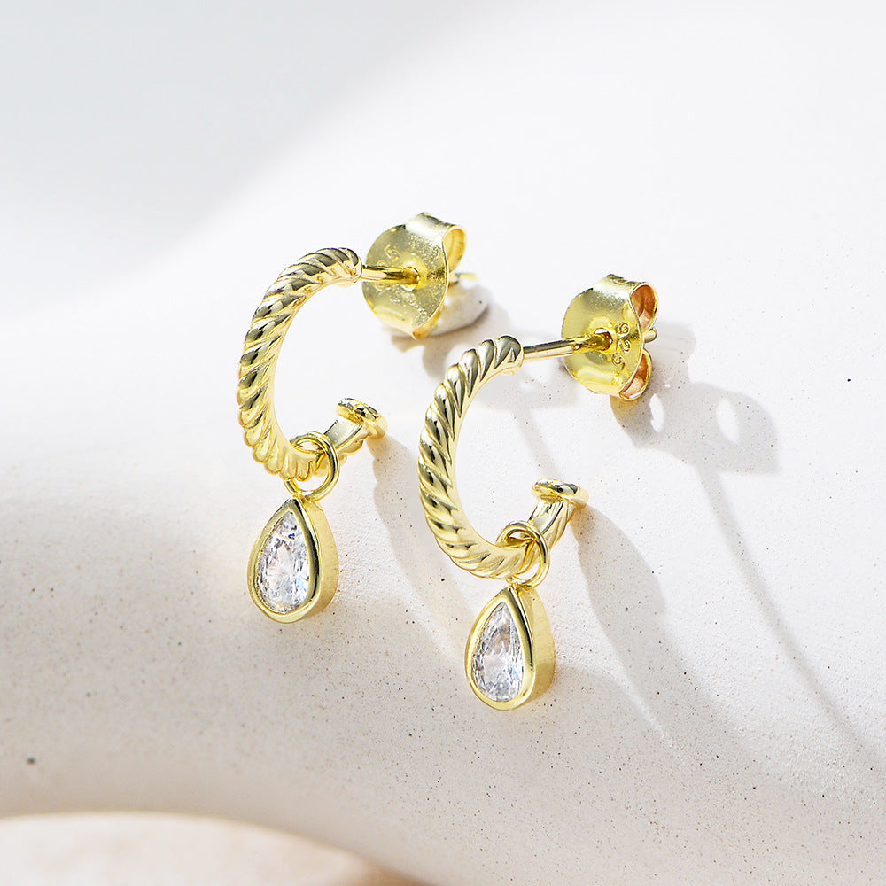 Planderful S925 Sterling Silver C Shaped Drop Earrings With Zircon Sparkle For Women