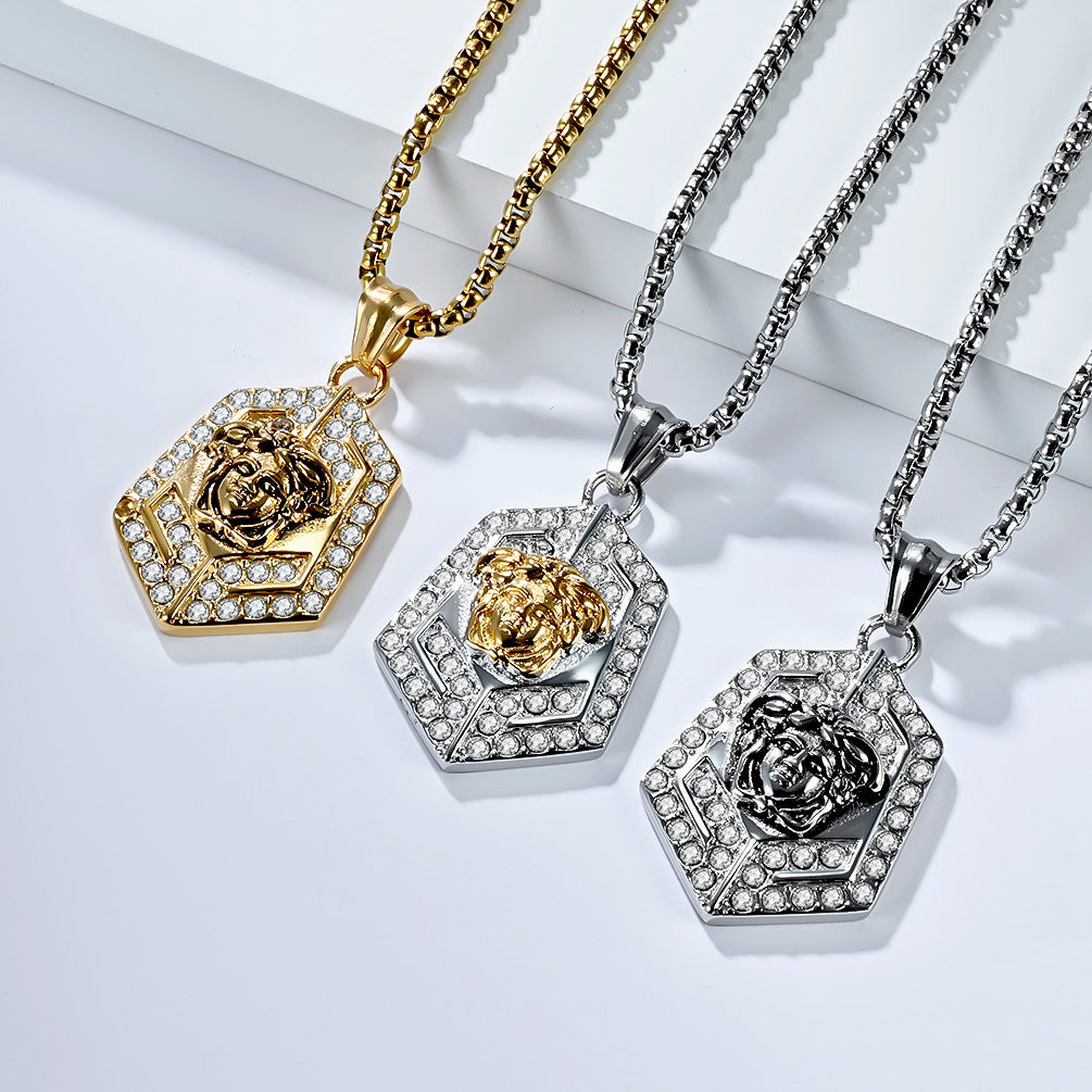 Planderful Medusa Pendant Necklace For Men Titanium Steel With Full Zircon Geometric Light Luxury
