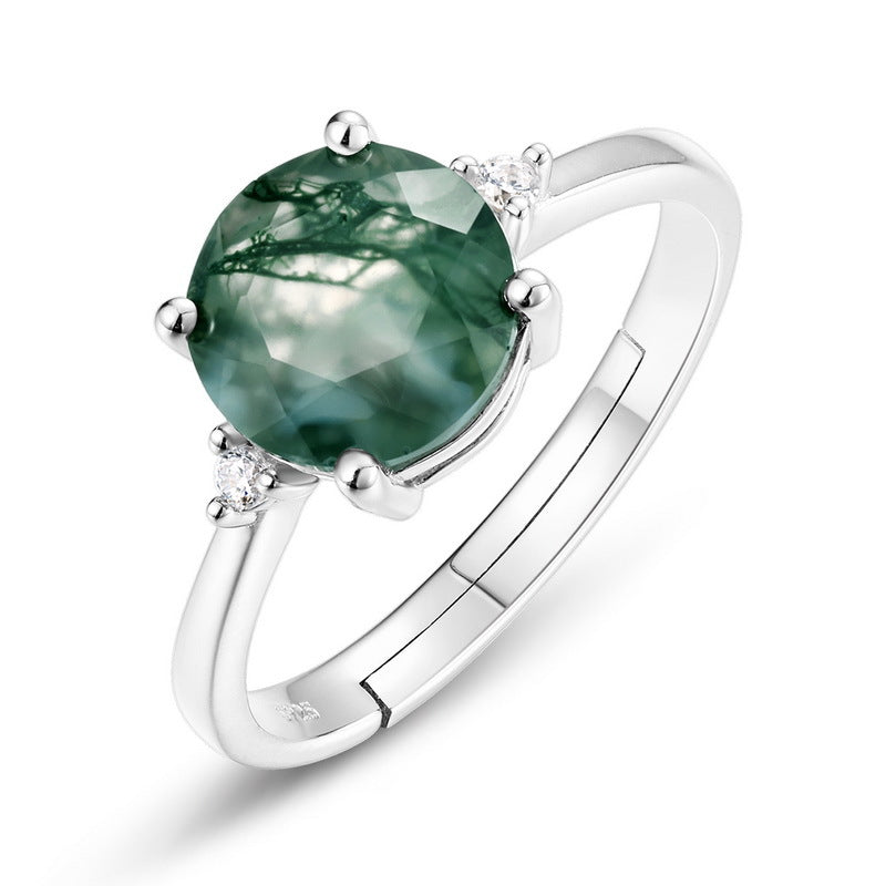 Planderful Jewelry Sterling Silver Agate Ring With Green Moss Stone For Everyday Elegance