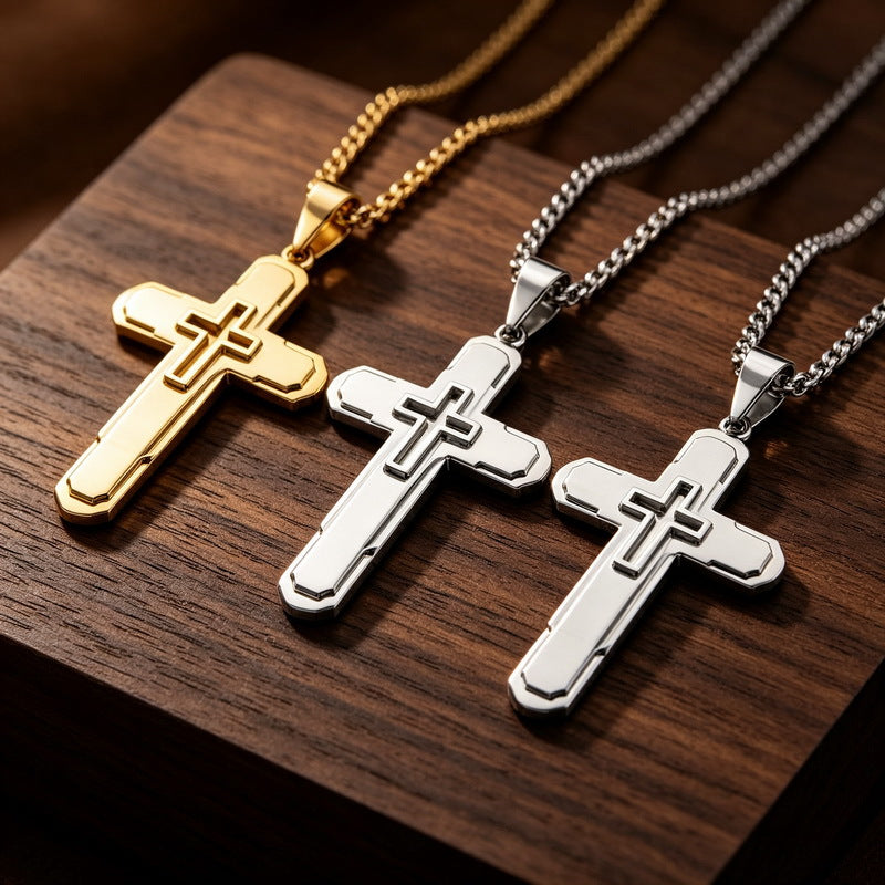 Hip-Hop Rock Multi-Level Design Cross Pendant Retro Brushed Stainless Steel Men's Pendant Necklace