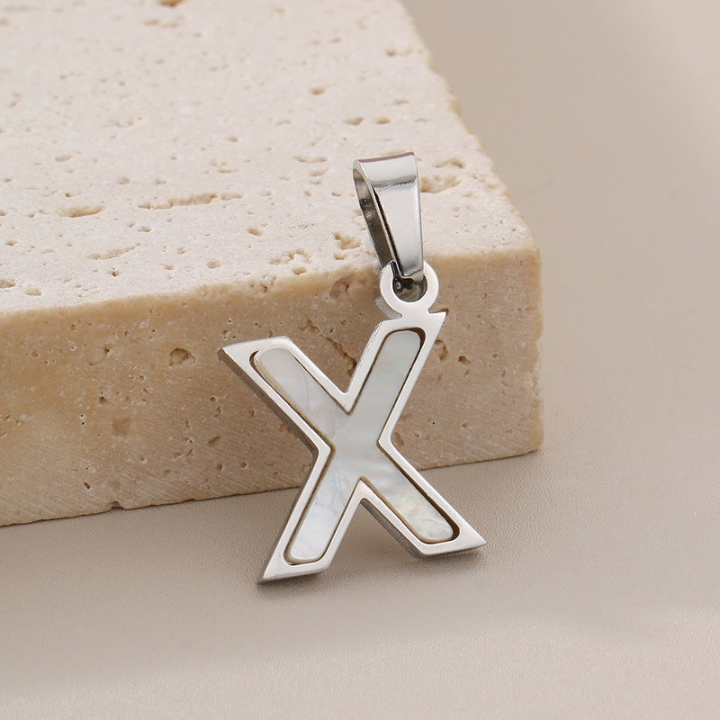 Women's'S Titanium Steel 26-Letter Pendant, White Fritillary Inlaid Stainless Steel Necklace