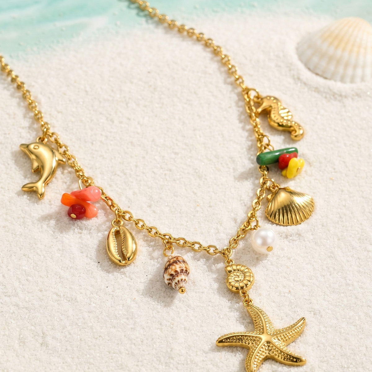 Summer Ocean Wind Dopamine Ladies Stainless Steel Conch Starfish Shell Imitation Pearl Necklace