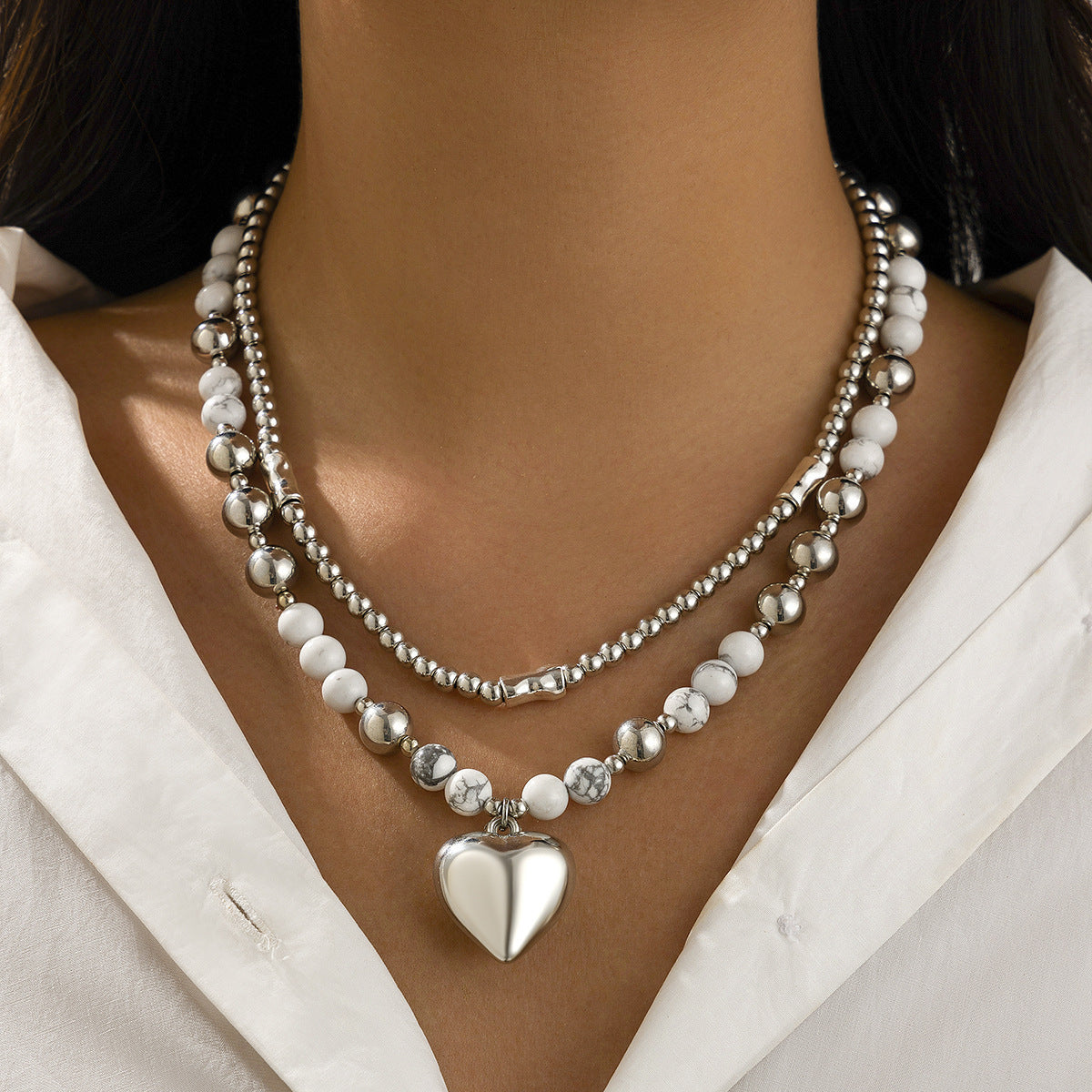 Heart Pendant Mixed-Bead Necklace Set