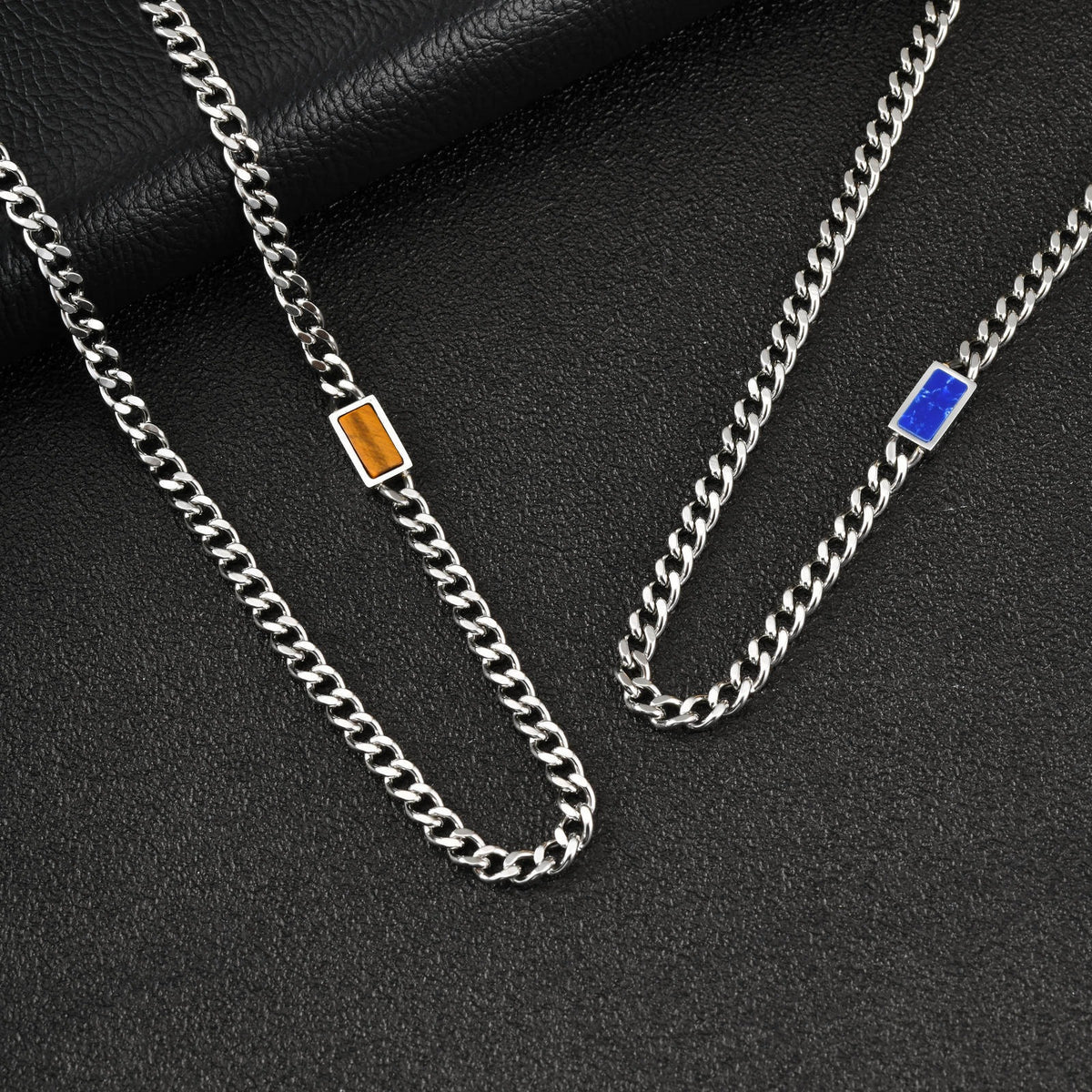 Stainless Steel Grinding Chain Square Tiger's Eye Stone Shape Sense Cool Sa Necklace