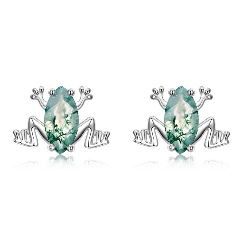 Planderful Jewelry Sterling Silver Frog Stud Earrings With Green Moss Agate Gemstone