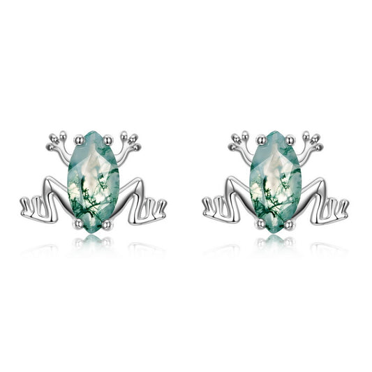 Planderful Jewelry Sterling Silver Frog Stud Earrings With Green Moss Agate Gemstone
