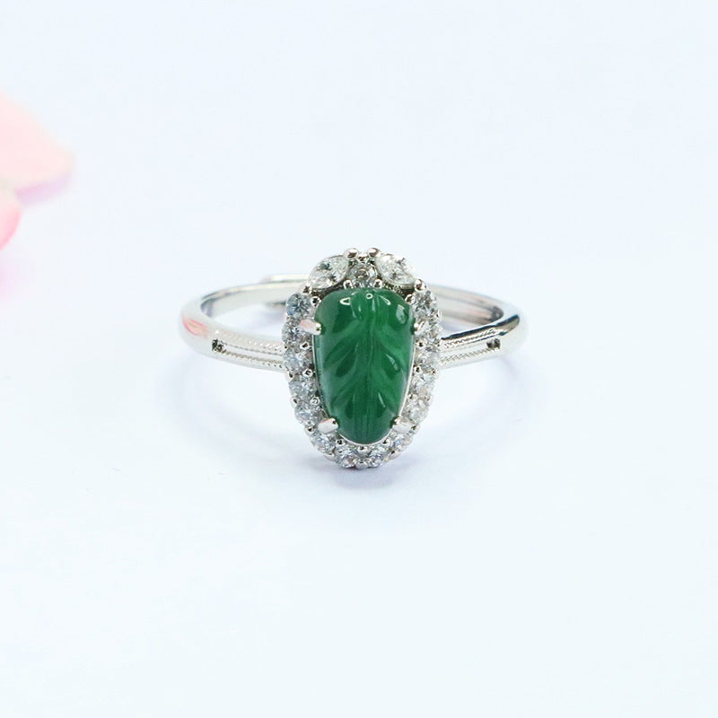 Jadeite Leaf 925 Silver Ring