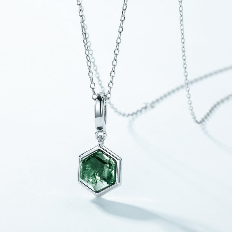 S925 Sterling Silver Moss Agate Geometric Pendant Necklace