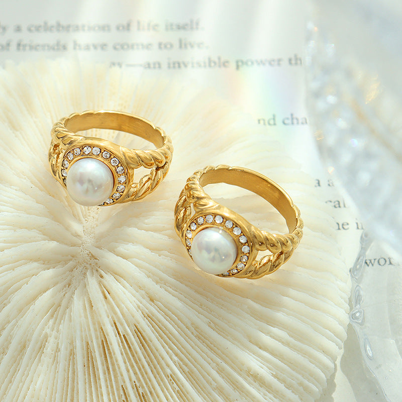 Elegant French-inspired 18K Gold Plated Ring with Freshwater Pearl and Zircon